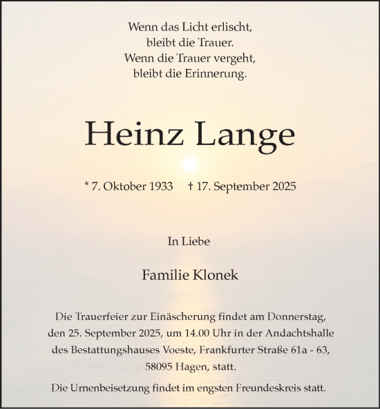 Traueranzeige von Heinz Lange von Tageszeitung