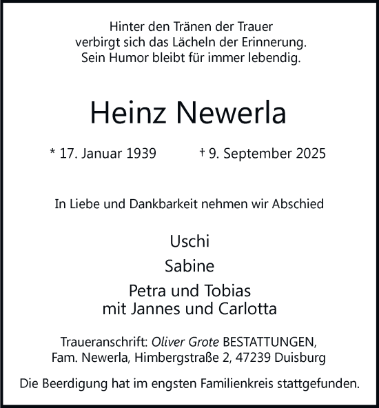 Traueranzeige von Heinz Newerla von Tageszeitung