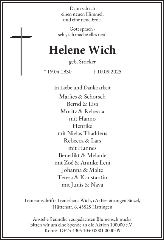Traueranzeige von Helene Wich von Tageszeitung