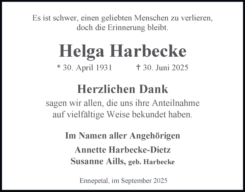 Traueranzeige für Helga Harbecke vom 20.09.2025 aus Tageszeitung