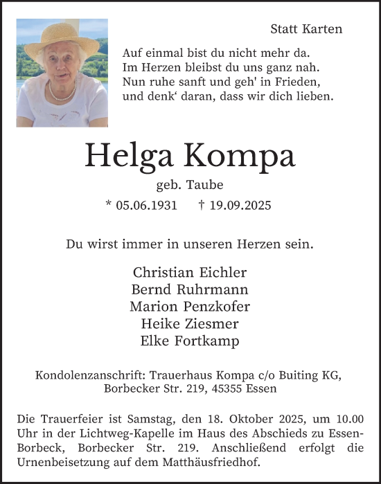 Traueranzeige von Helga Kompa von Tageszeitung