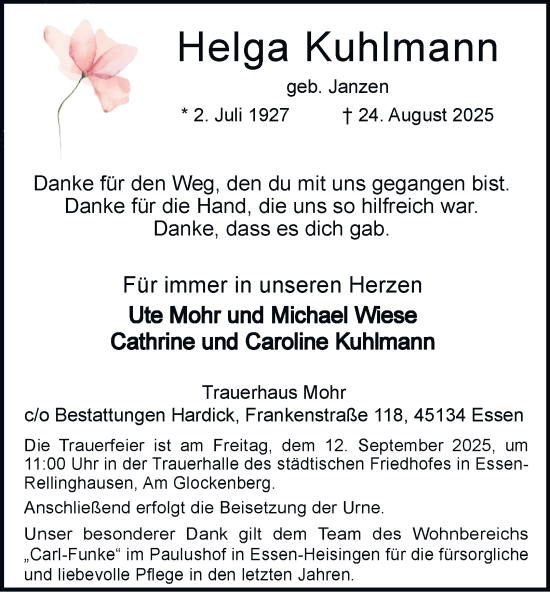 Traueranzeige von Helga Kuhlmann von Tageszeitung