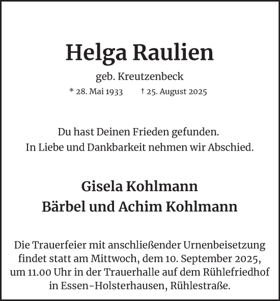 Traueranzeige von Helga Raulien von Tageszeitung