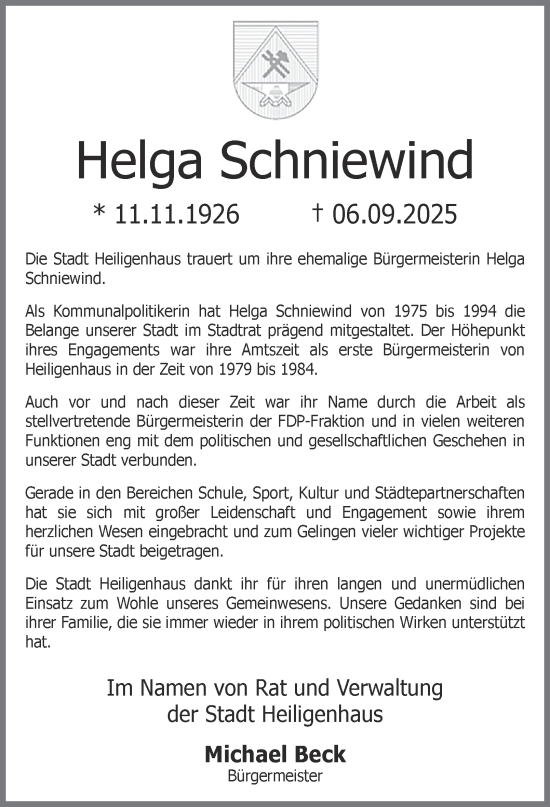 Traueranzeige von Helga Schniewind von Tageszeitung