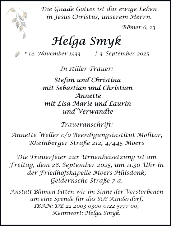 Traueranzeige von Helga Smyk von Tageszeitung