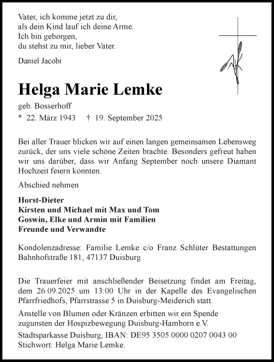 Traueranzeige von Helga Marie Lemke von Tageszeitung
