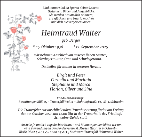 Traueranzeige von Helmtraud Walter von Tageszeitung