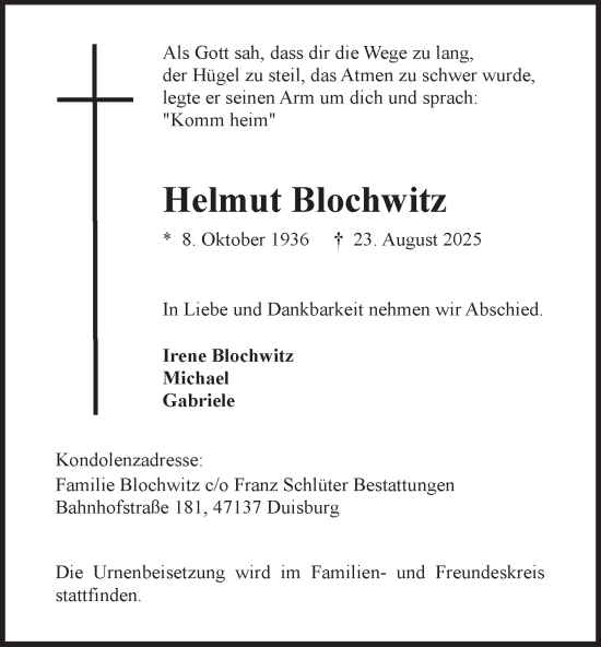 Traueranzeige von Helmut Blochwitz von Tageszeitung