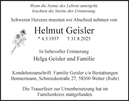Traueranzeige von Helmut Geisler von Tageszeitung