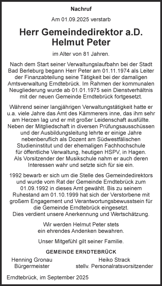 Traueranzeige von Helmut Peter von Tageszeitung