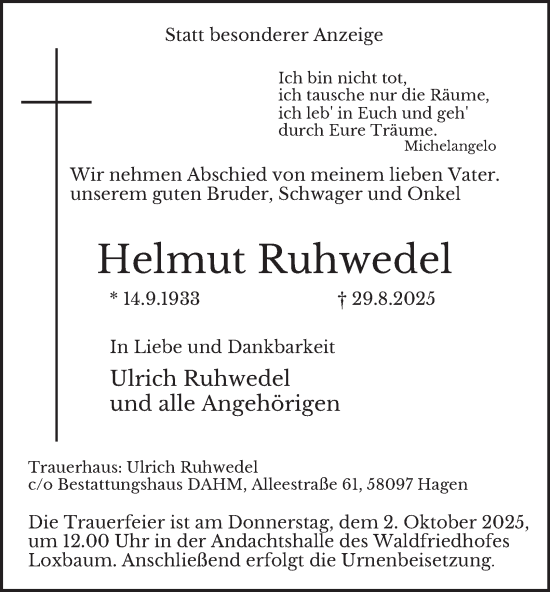 Traueranzeige von Helmut Ruhwedel von Tageszeitung