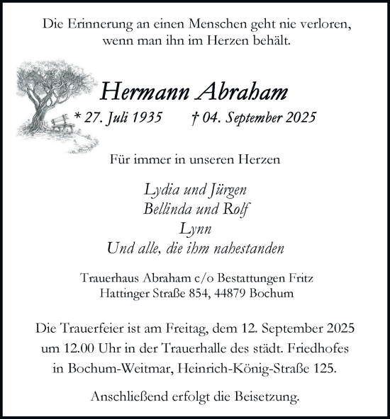 Traueranzeige von Hermann Abraham von Tageszeitung