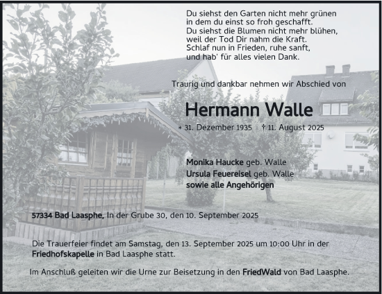 Traueranzeige von Hermann Walle von Tageszeitung