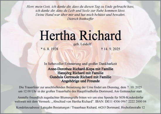 Traueranzeige von Hertha Richard von Tageszeitung