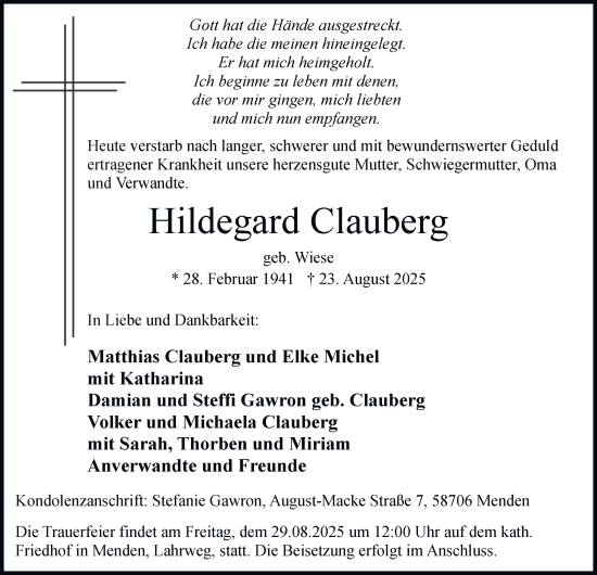 Traueranzeige von Hildegard Clauberg von Tageszeitung