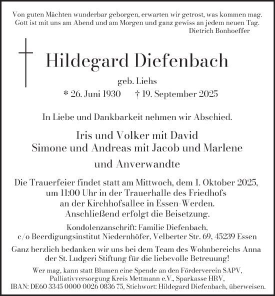 Traueranzeige von Hildegard Diefenbach von Tageszeitung