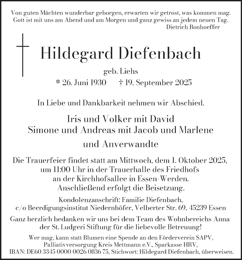  Traueranzeige für Hildegard Diefenbach vom 26.09.2025 aus Tageszeitung
