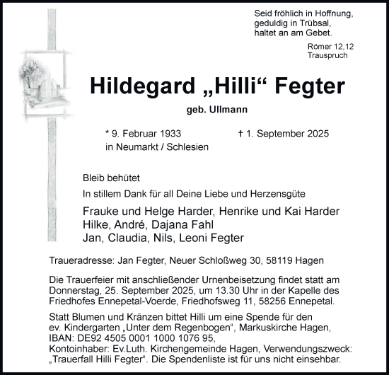 Traueranzeige von Hildegard Fegter von Tageszeitung