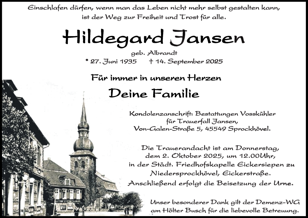  Traueranzeige für Hildegard Jansen vom 27.09.2025 aus Tageszeitung