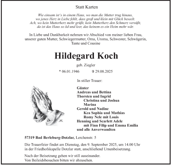 Traueranzeige von Hildegard Koch von Tageszeitung