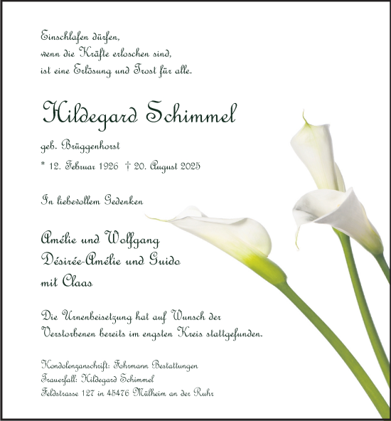 Traueranzeige von Hildegard Schimmel von Tageszeitung