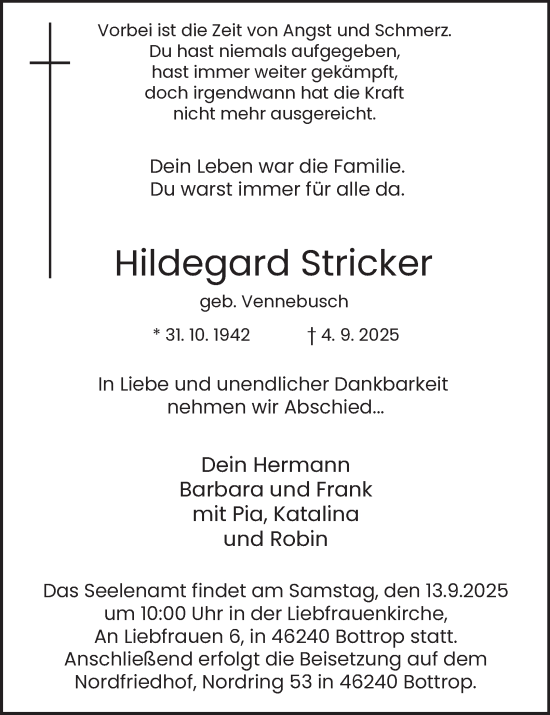 Traueranzeige von Hildegard Stricker von Tageszeitung
