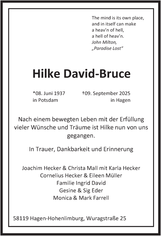 Traueranzeige von Hilke David-Bruce von Tageszeitung