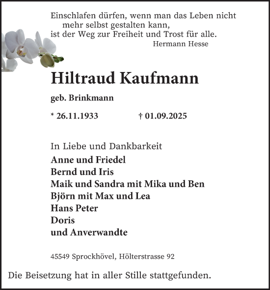 Traueranzeige von Hiltraud Kaufmann von Tageszeitung