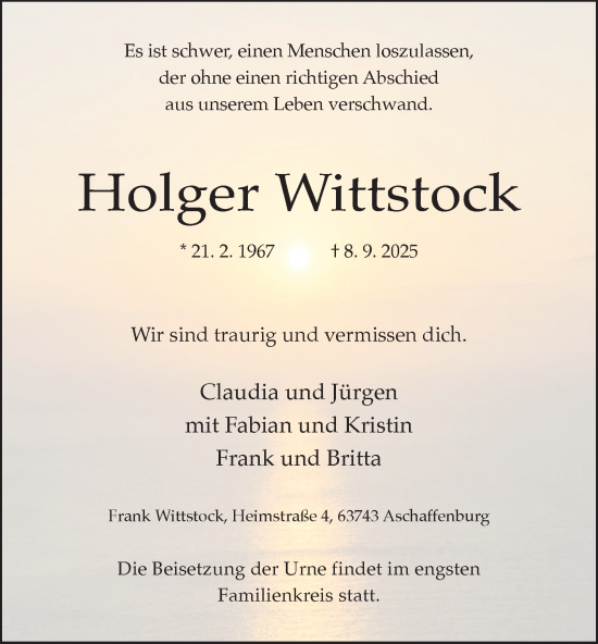 Traueranzeige von Holger Wittstock von Tageszeitung