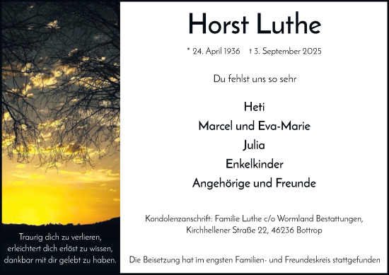 Traueranzeige von Horst Luthe von Tageszeitung