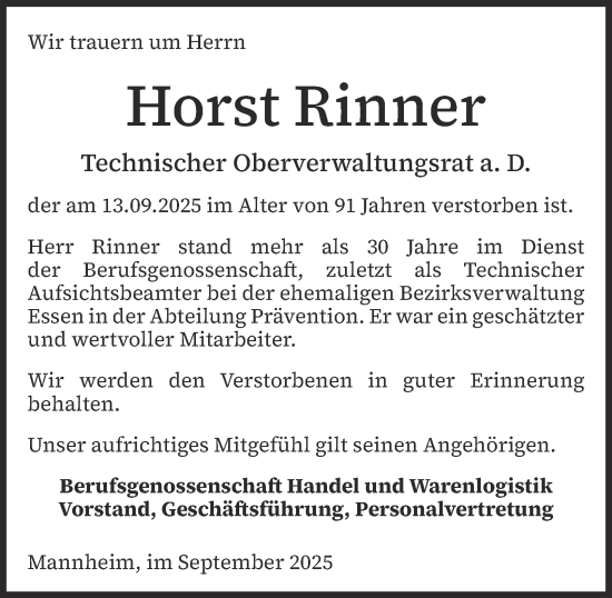 Traueranzeige von Horst Rinner von Tageszeitung
