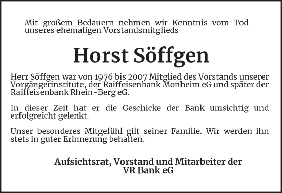 Traueranzeige von Horst Söffgen von Tageszeitung