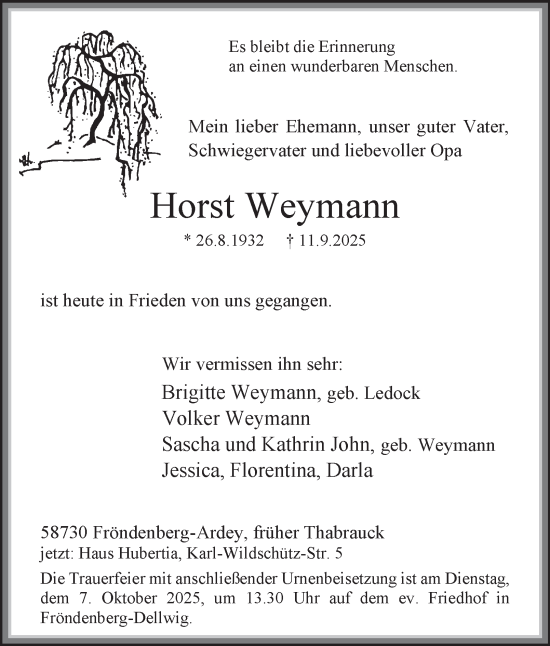Traueranzeige von Horst Weymann von Tageszeitung