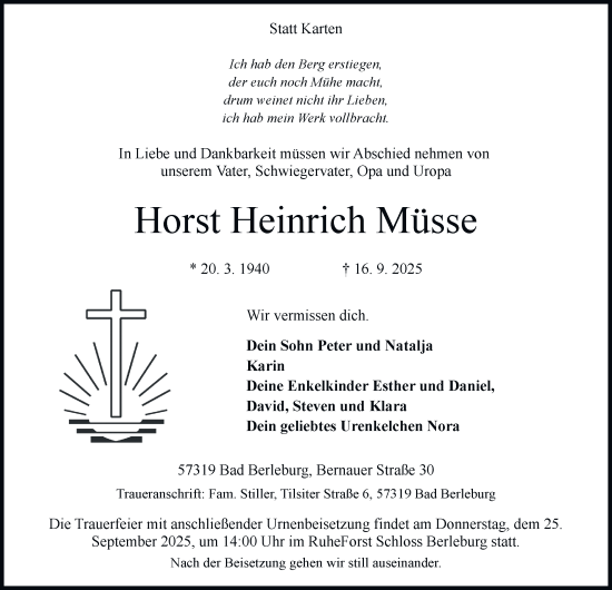 Traueranzeige von Horst Heinrich Müsse von Tageszeitung