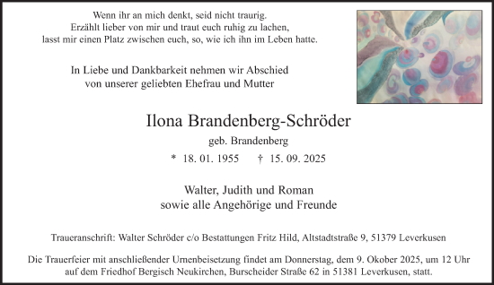 Traueranzeige von Ilona Brandenberg-Schröder von Tageszeitung