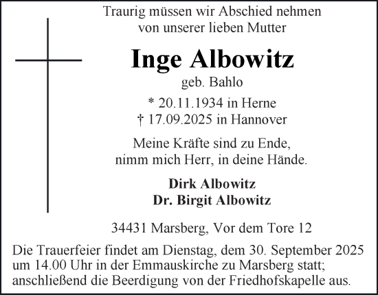 Traueranzeige von Inge Albowitz von Tageszeitung