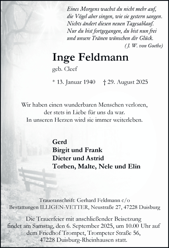 Traueranzeige von Inge Feldmann von Tageszeitung