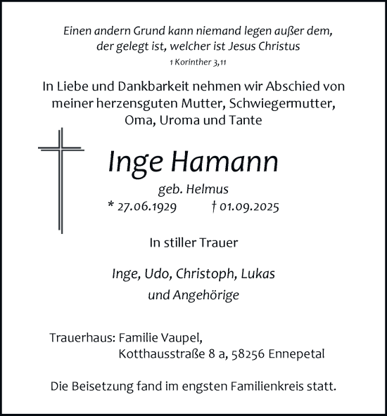 Traueranzeige von Inge Hamann von Tageszeitung