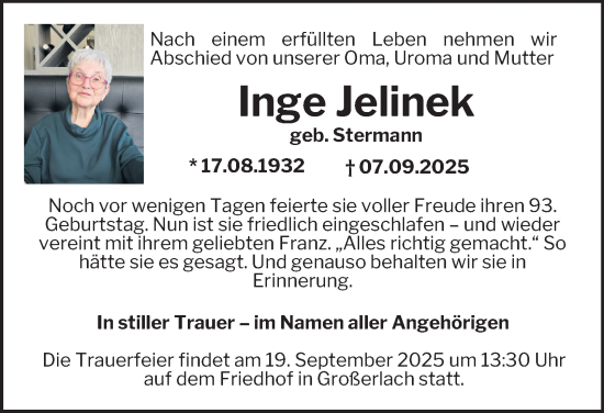 Traueranzeige von Inge Jelinek von Tageszeitung