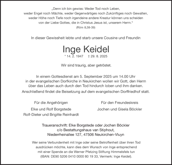 Traueranzeige von Inge Keidel von Tageszeitung