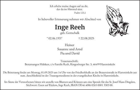 Traueranzeige von Inge Reeh von Tageszeitung