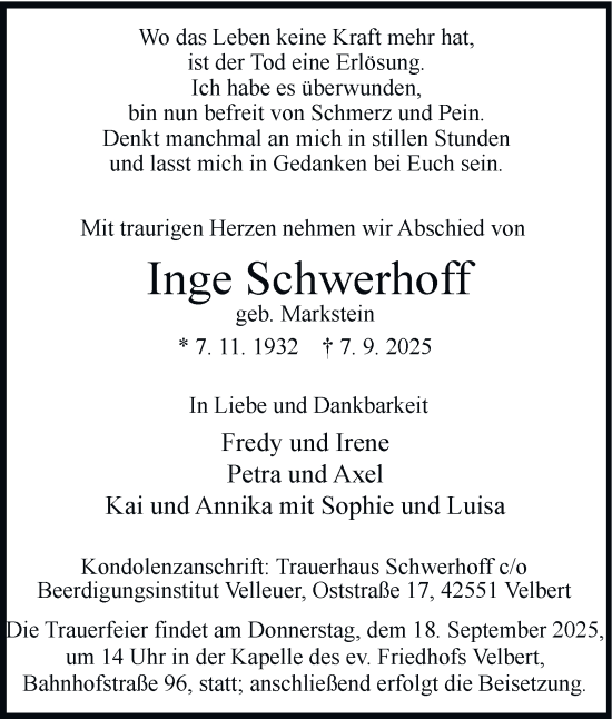 Traueranzeige von Inge Schwerhoff von Tageszeitung