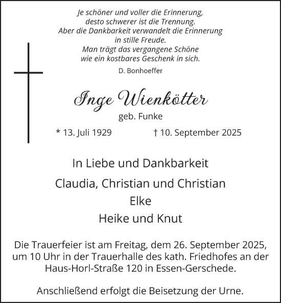 Traueranzeige von Inge Wienkötter von Tageszeitung