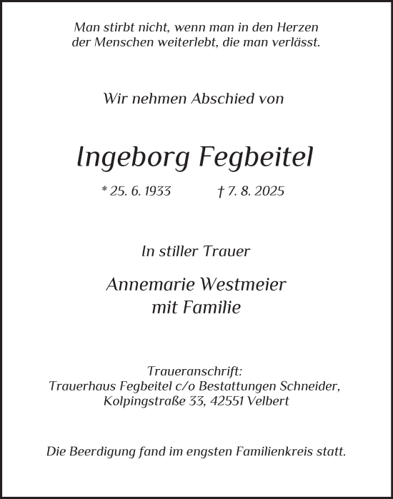 Traueranzeige von Ingeborg Fegbeitel von Tageszeitung