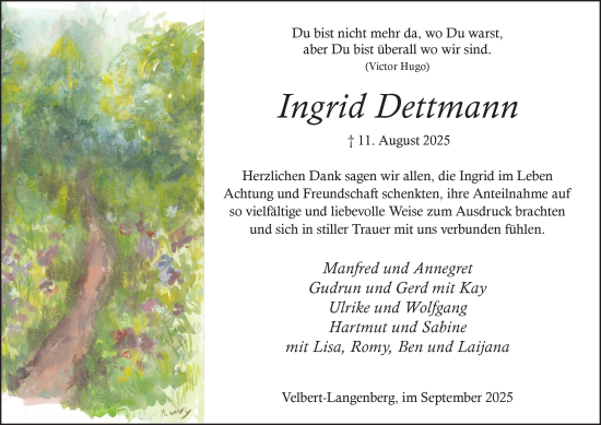 Traueranzeige von Ingrid Dettmann von Tageszeitung