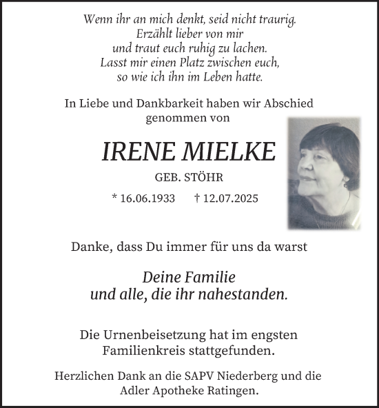 Traueranzeige von Irene Mielke von Tageszeitung