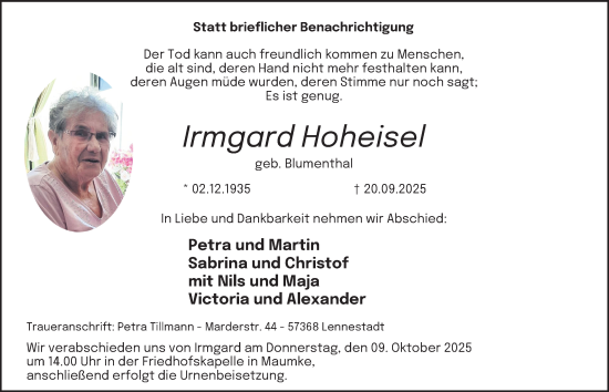 Traueranzeige von Irmgard Hoheisel von Tageszeitung