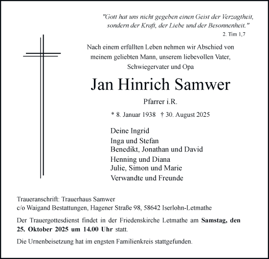 Traueranzeige von Jan Hinrich Samwer von Tageszeitung