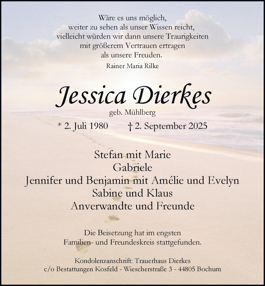  Traueranzeige für Jessica Dierkes vom 20.09.2025 aus Tageszeitung
