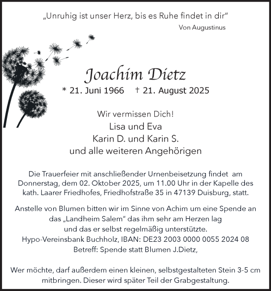 Traueranzeige von Joachim Dietz von Tageszeitung